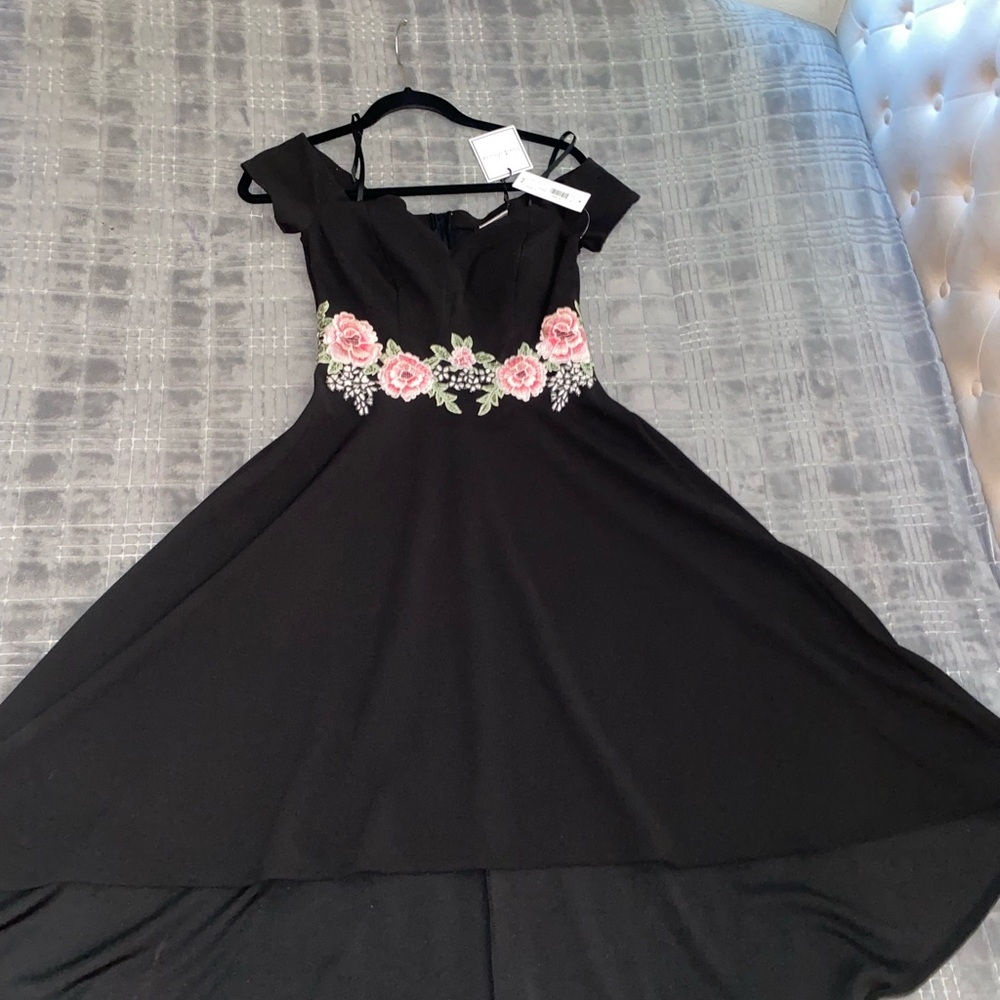 Chic Black High Low Dress with Pink Floral Accents